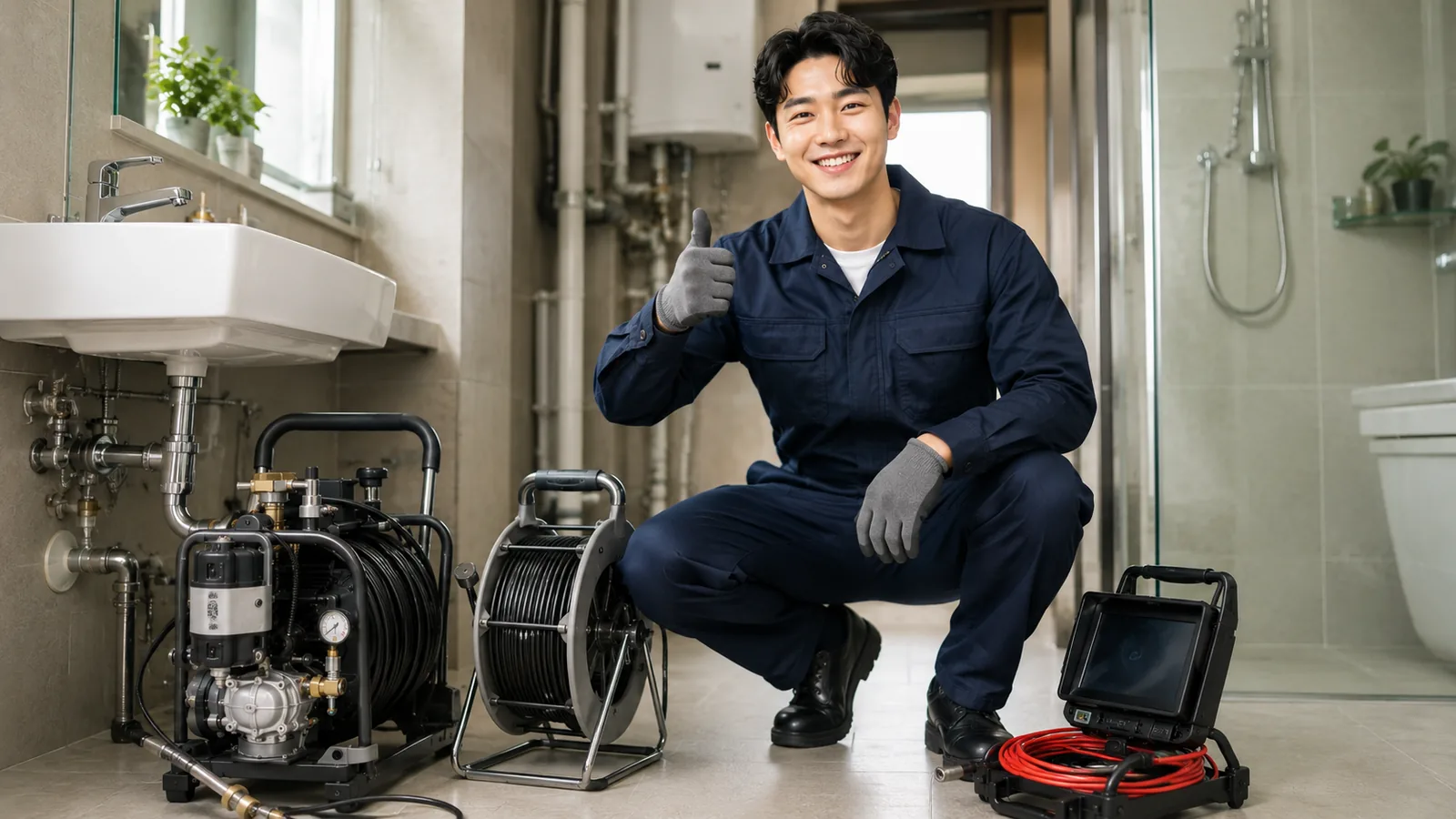 인천 배관막힘 작업복 기술자와 고압세척·배관내시경 전문 장비